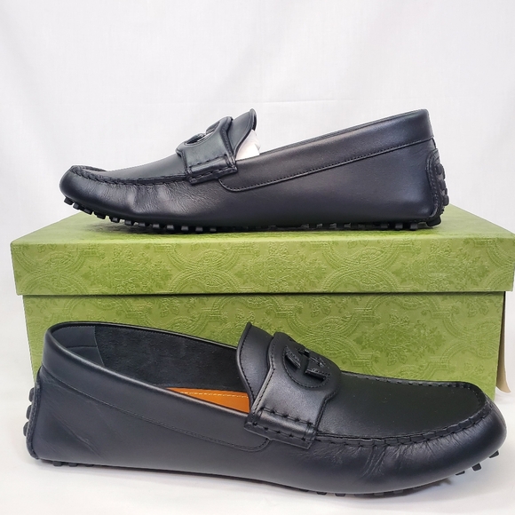 GUCCI AYRTON BLACK SOFT LEATHER INTEROCKING G DRIVER MOCCASINS SHOES SZ UK/G 10+ - Picture 6 of 10